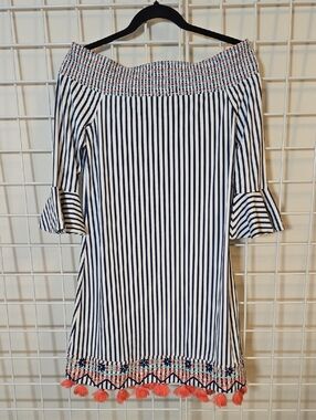 Cabana Life Navy & White Striped Off-Shoulder Coverup  Coral Tassel Trim Small